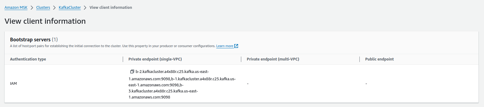 Private addresses of Kafka brokers (available within the AWS infrastructure)